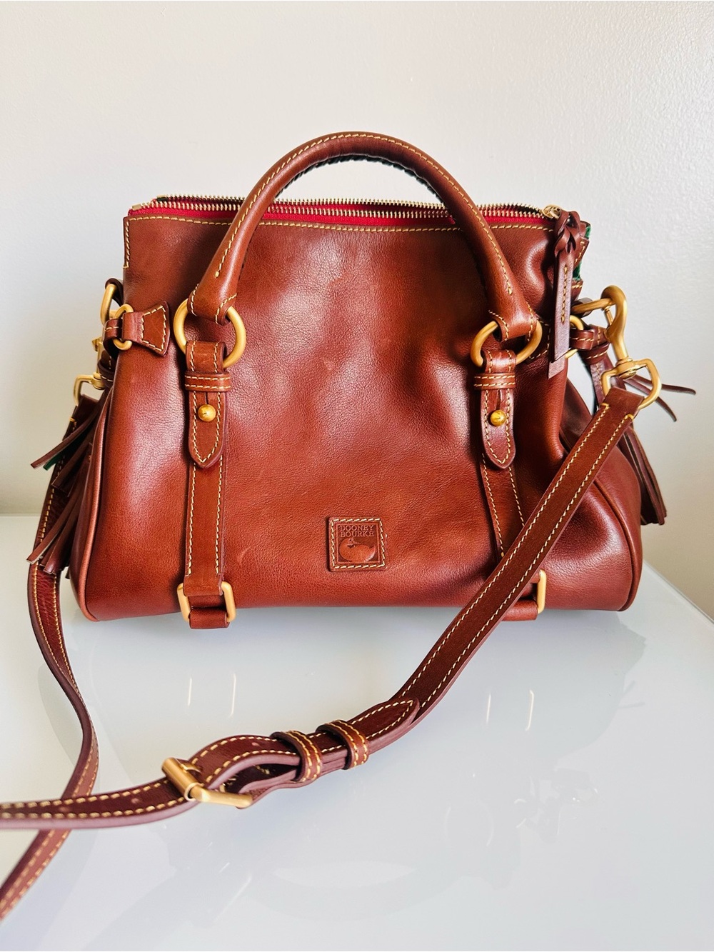 Dooney & Bourke Chestnut Brown Leather Satchel with Gold Hardware and Red Zip - Picture 2 of 6